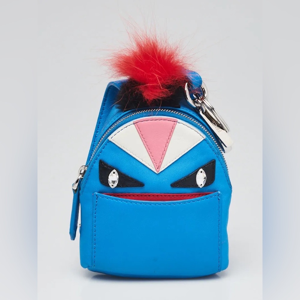 Fendi monster keyring key chain charm backpack leather nylon and fur. blue